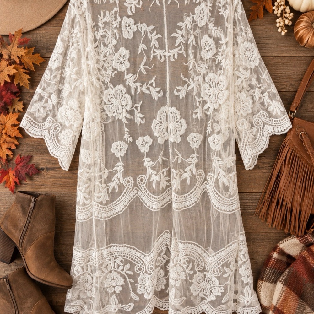 Polagram White Sheer Floral Lace Kimono